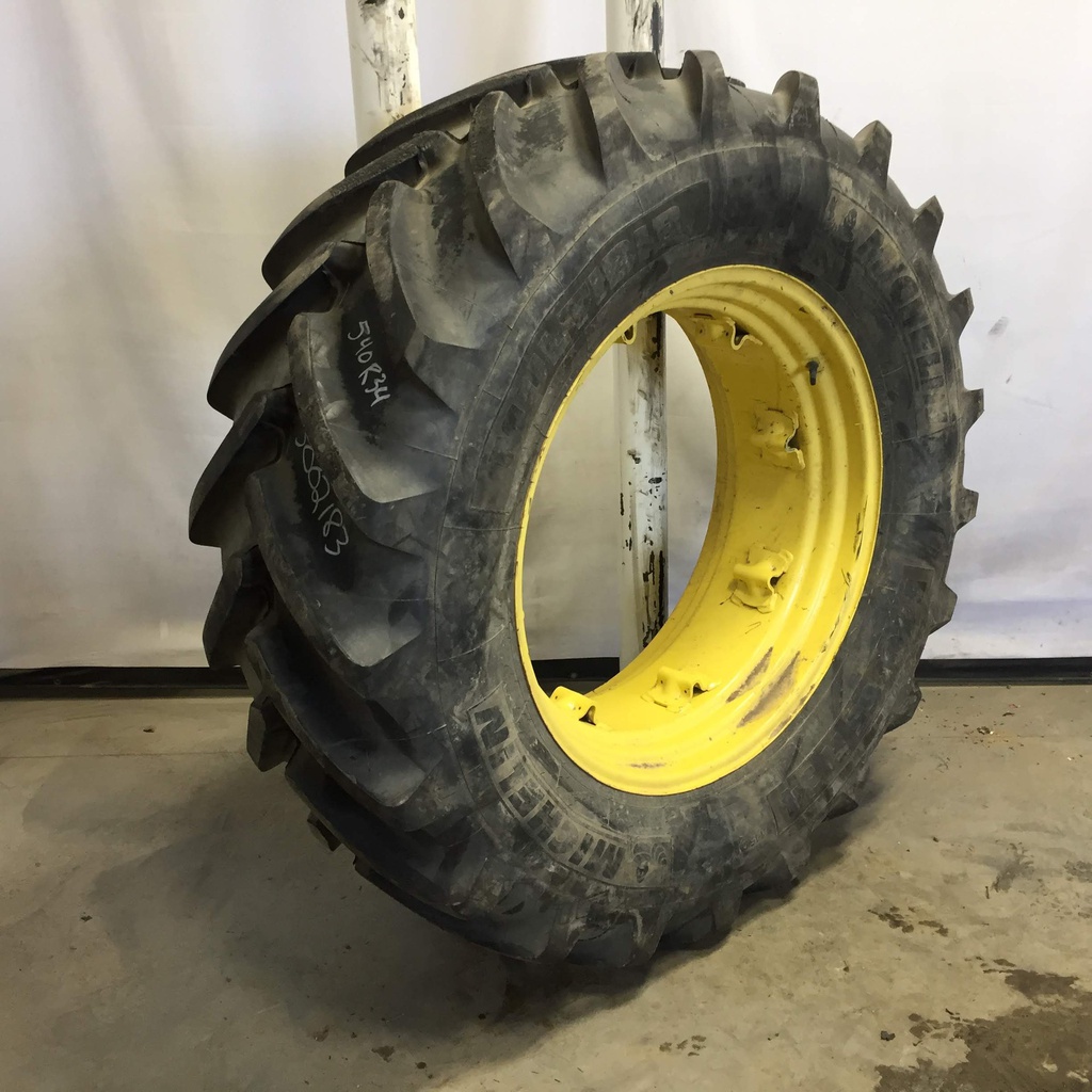 540/65R34 Michelin Multibib R-1W on John Deere Yellow 8-Hole Rim with Clamp/Loop Style 90%