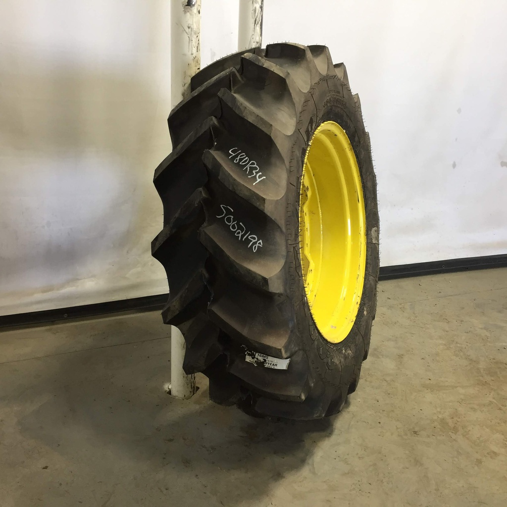 480/70R34 Goodyear Farm DT810 Super Traction R-1W on John Deere Yellow 12-Hole Waffle Wheel (Groups of 3 bolts) 90%