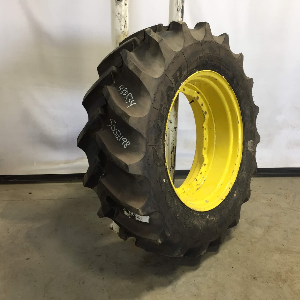 480/70R34 Goodyear Farm DT810 Super Traction R-1W on John Deere Yellow 12-Hole Waffle Wheel (Groups of 3 bolts) 90%