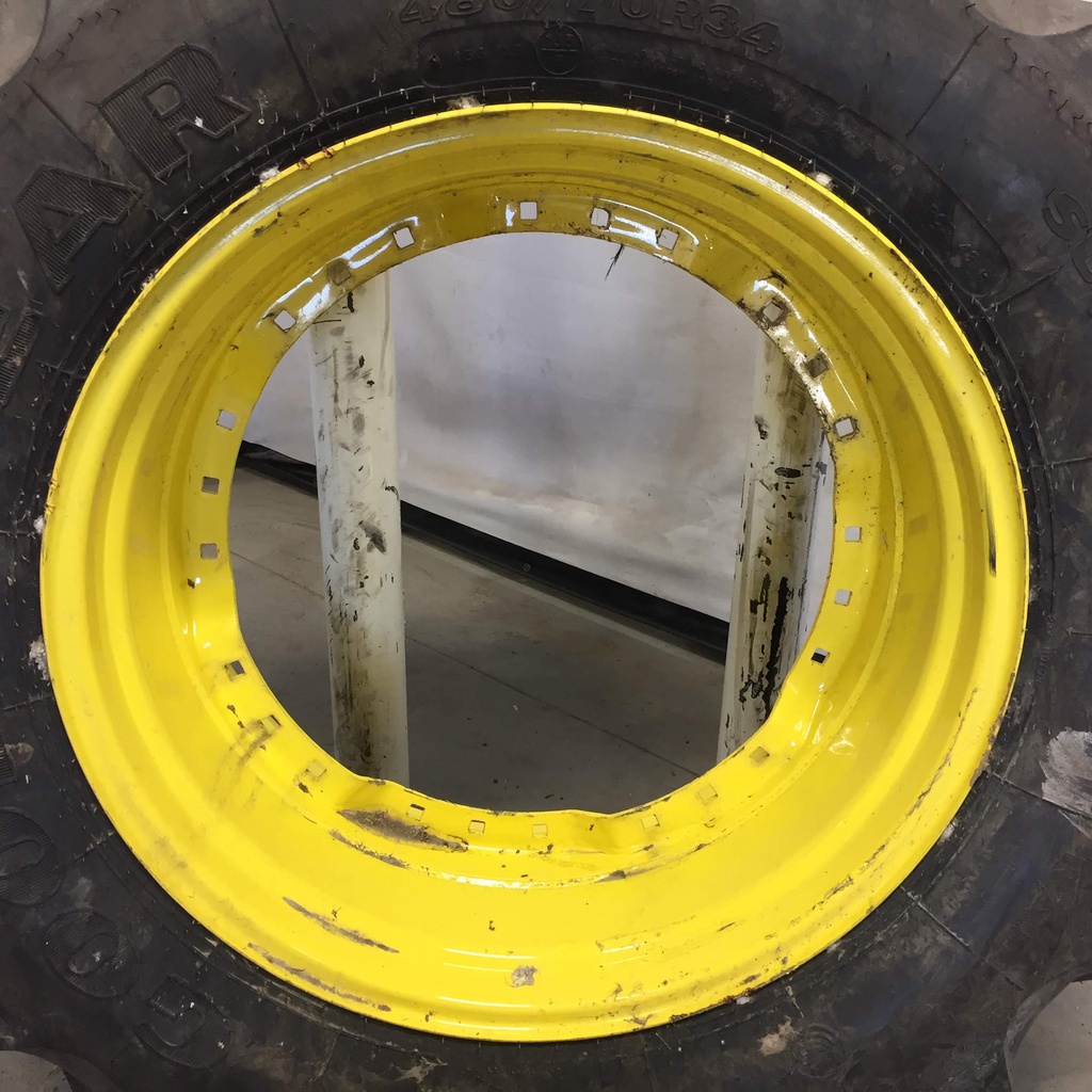 480/70R34 Goodyear Farm DT810 Super Traction R-1W on John Deere Yellow 12-Hole Waffle Wheel (Groups of 3 bolts) 90%
