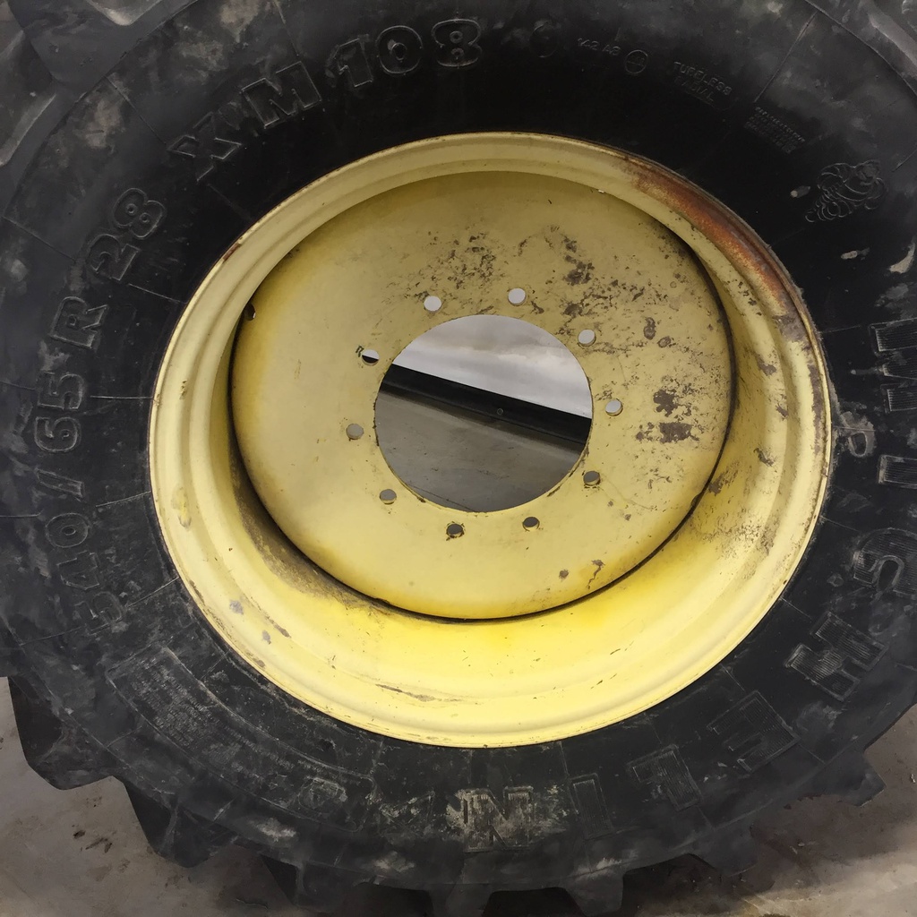 540/65R28 Michelin Multibib R-1W on John Deere Yellow 10-Hole Formed Plate 80%