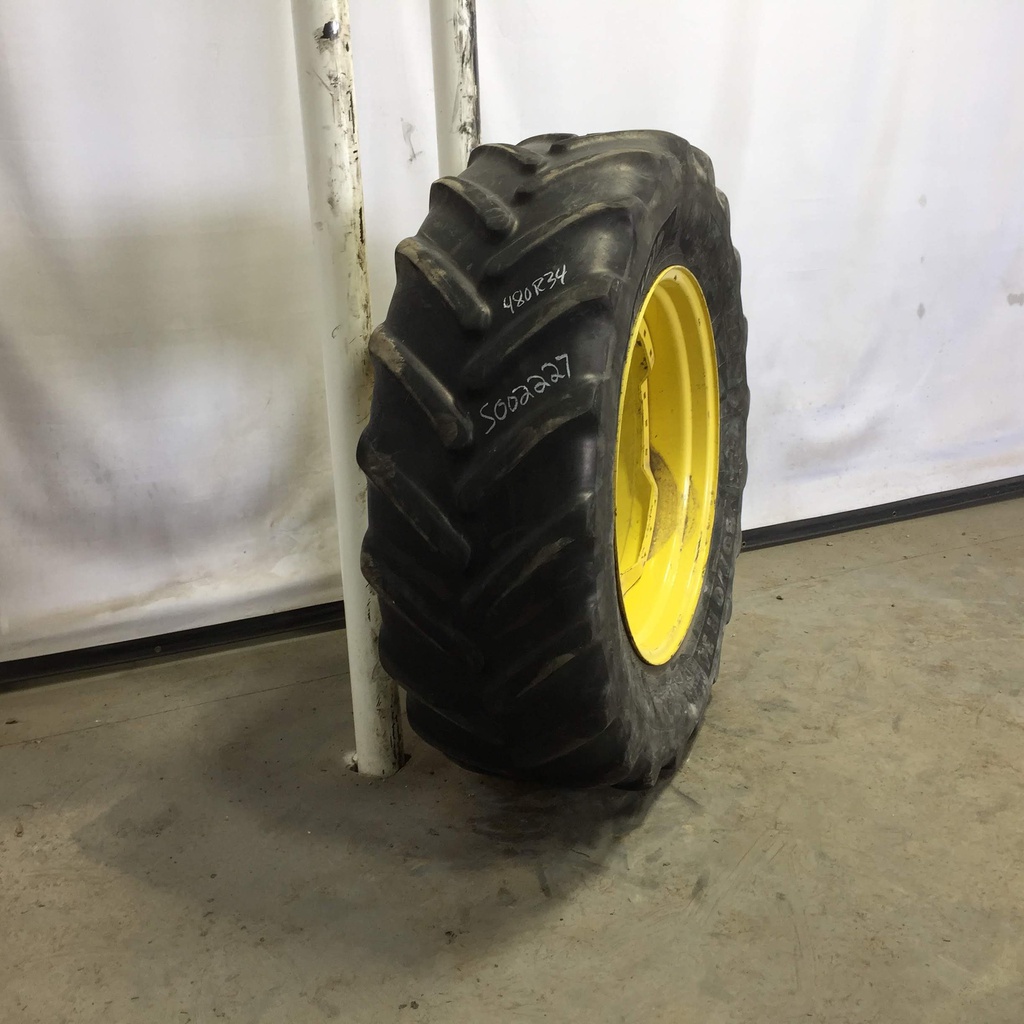 480/70R34 Michelin OmniBib R-1W on John Deere Yellow 8-Hole Waffle Wheel (Groups of 2 bolts) 30%