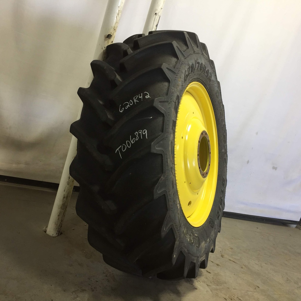 620/70R42 Goodyear Farm DT812 Optitrac R-1W on John Deere Yellow 10-Hole Formed Plate W/Weight Holes 75%