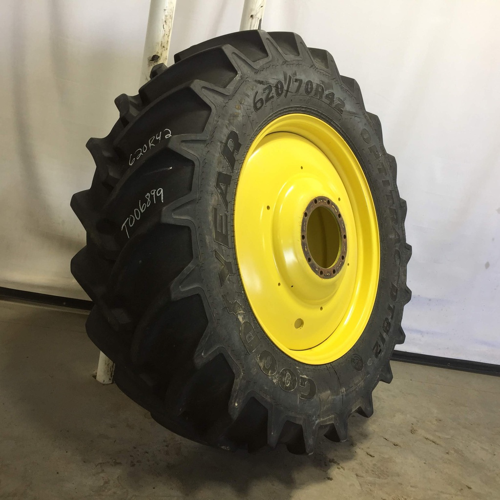 620/70R42 Goodyear Farm DT812 Optitrac R-1W on John Deere Yellow 10-Hole Formed Plate W/Weight Holes 75%