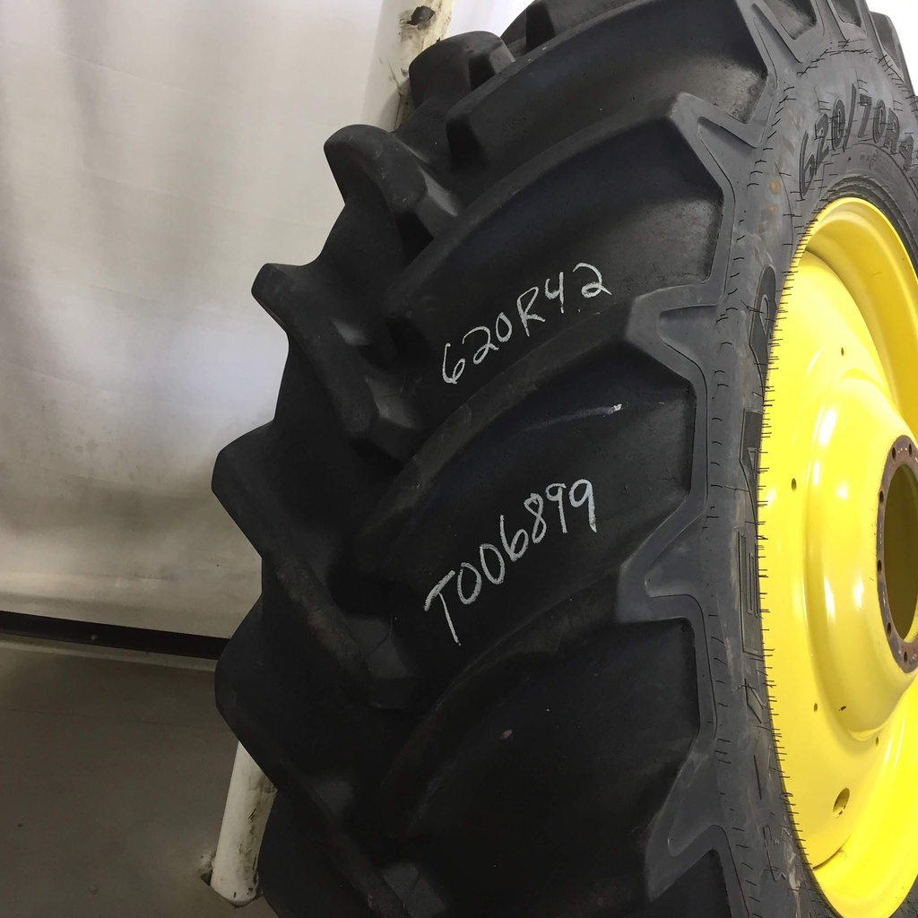 620/70R42 Goodyear Farm DT812 Optitrac R-1W on John Deere Yellow 10-Hole Formed Plate W/Weight Holes 75%