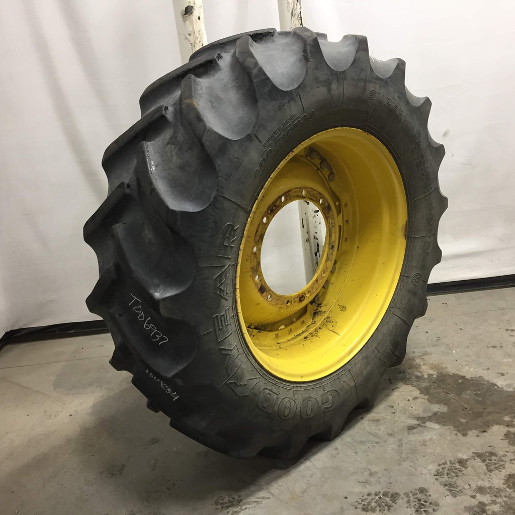 480/70R34 Goodyear Farm DT810 Super Traction R-1W on John Deere Yellow 12-Hole Waffle Wheel (Groups of 3 bolts) 65%