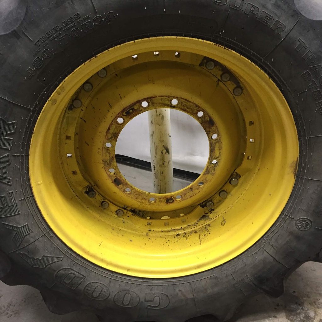 480/70R34 Goodyear Farm DT810 Super Traction R-1W on John Deere Yellow 12-Hole Waffle Wheel (Groups of 3 bolts) 65%