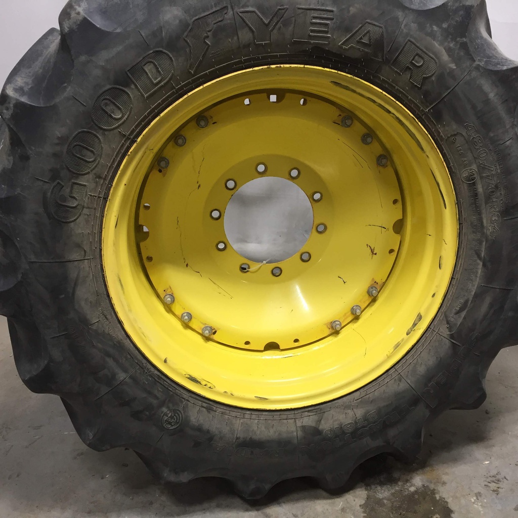 480/70R34 Goodyear Farm DT810 Super Traction R-1W on John Deere Yellow 10-Hole Waffle Wheel (Groups of 3 bolts) 65%