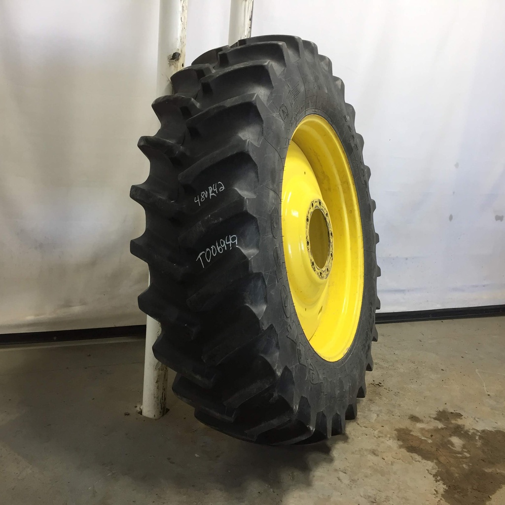 480/80R42 Firestone Radial Deep Tread 23 R-1W on John Deere Yellow 10-Hole Formed Plate W/Weight Holes 75%