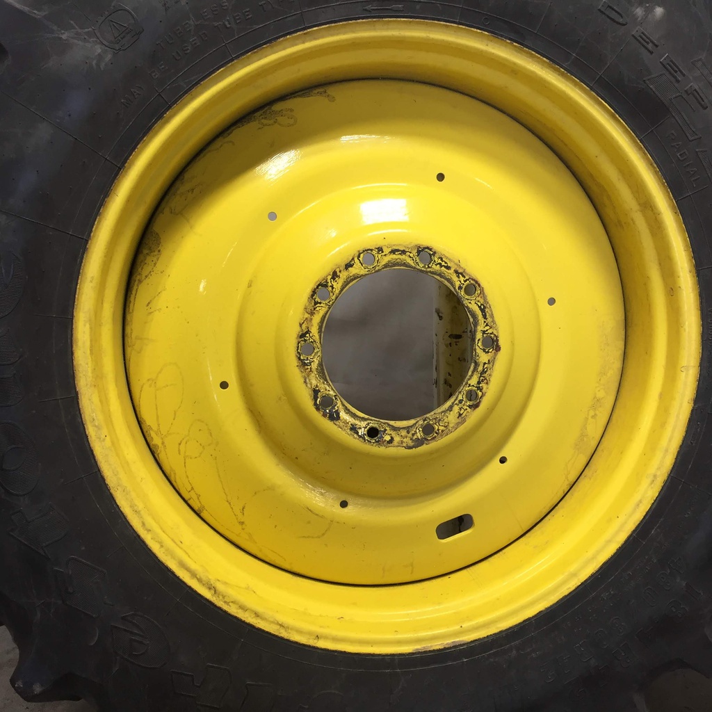 480/80R42 Firestone Radial Deep Tread 23 R-1W on John Deere Yellow 10-Hole Formed Plate W/Weight Holes 75%