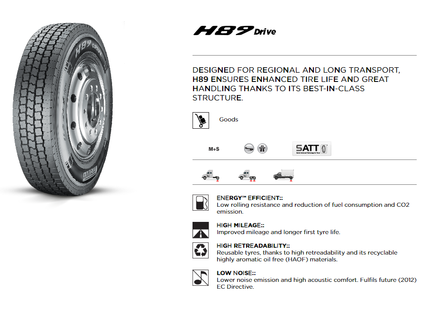 295/75R22.5 Pirelli H89D Premium C/S Drive Commercial, G (14 Ply)