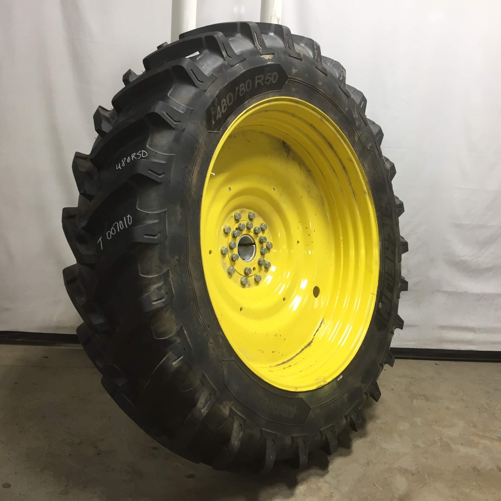 480/80R50 Michelin AgriBib 2 R-1W on John Deere Yellow 10-Hole Formed Plate W/Weight Holes 99%