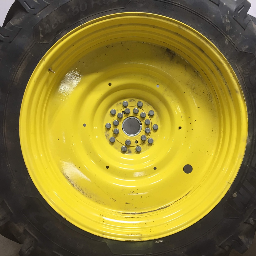 480/80R50 Michelin AgriBib 2 R-1W on John Deere Yellow 10-Hole Formed Plate W/Weight Holes 99%