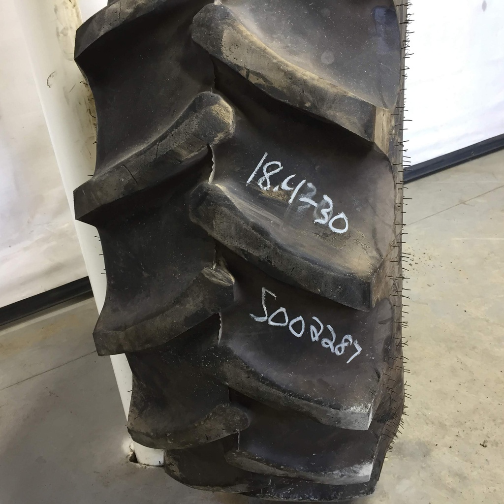18.4/-30 Goodyear Farm Dura Torque R-1 on John Deere Yellow 8-Hole Rim with Clamp/U-Clamp (groups of 2 bolts) 75%
