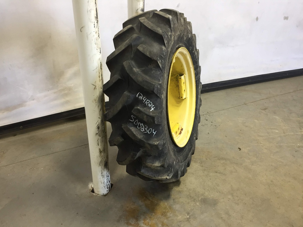 12.4/R24 Goodyear Farm Ultra Grip Radial R-1 on John Deere Yellow 8-Hole Rim with Clamp/U-Clamp (groups of 2 bolts) 90%