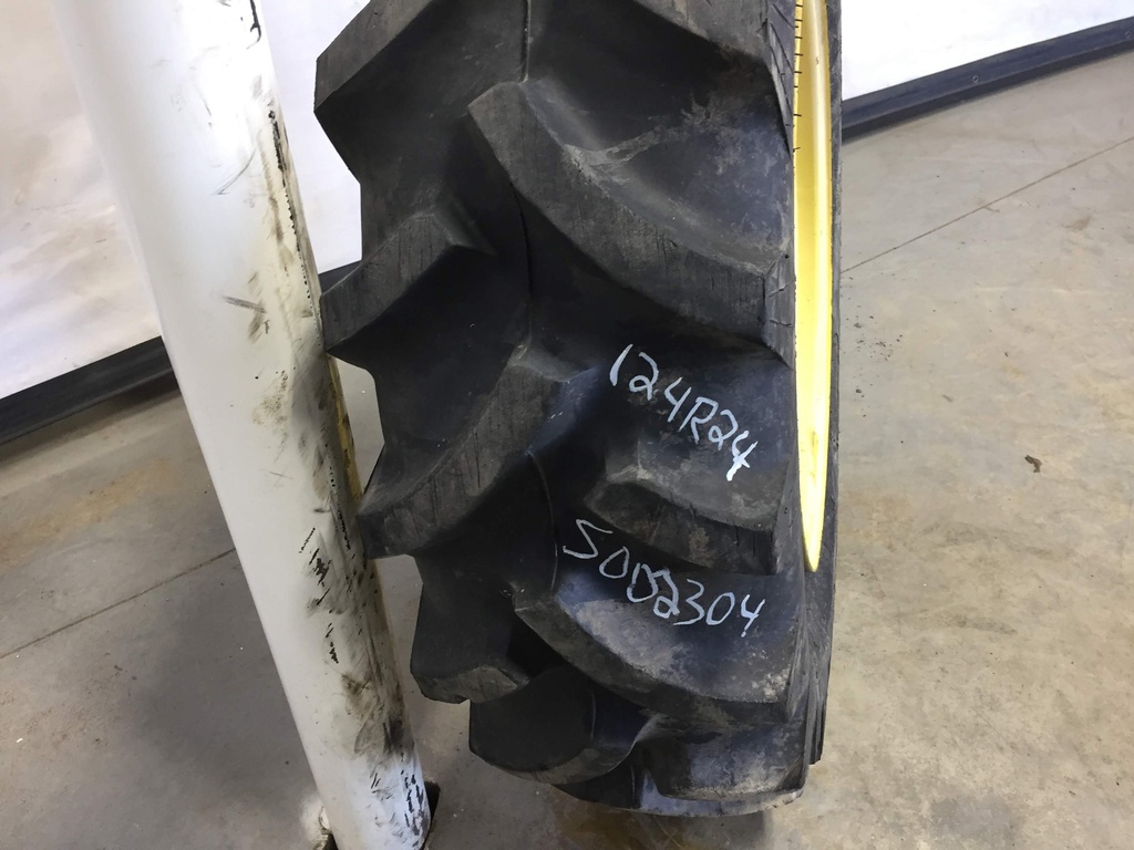 12.4/R24 Goodyear Farm Ultra Grip Radial R-1 on John Deere Yellow 8-Hole Rim with Clamp/U-Clamp (groups of 2 bolts) 90%