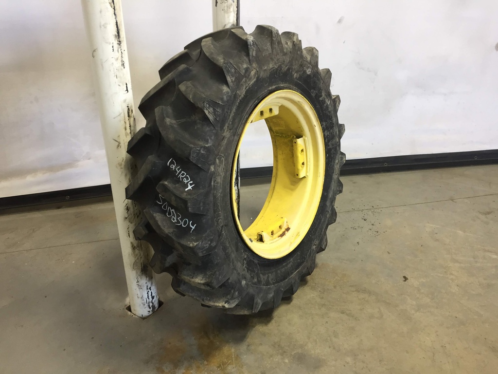 12.4/R24 Goodyear Farm Ultra Grip Radial R-1 on John Deere Yellow 8-Hole Rim with Clamp/U-Clamp (groups of 2 bolts) 90%