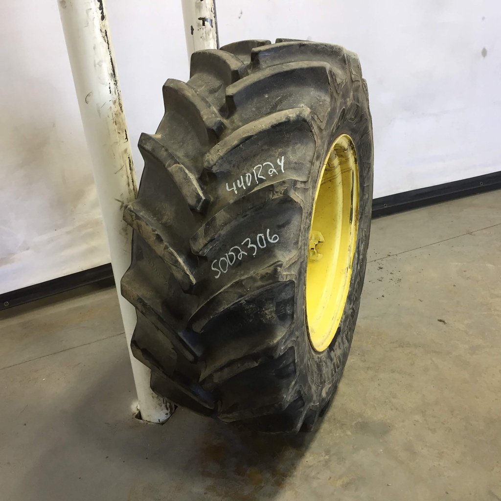 440/65R24 Goodyear Farm DT818 Optitrac R-1W on John Deere Yellow 6-Hole Rim with Clamp/Loop Style 75%