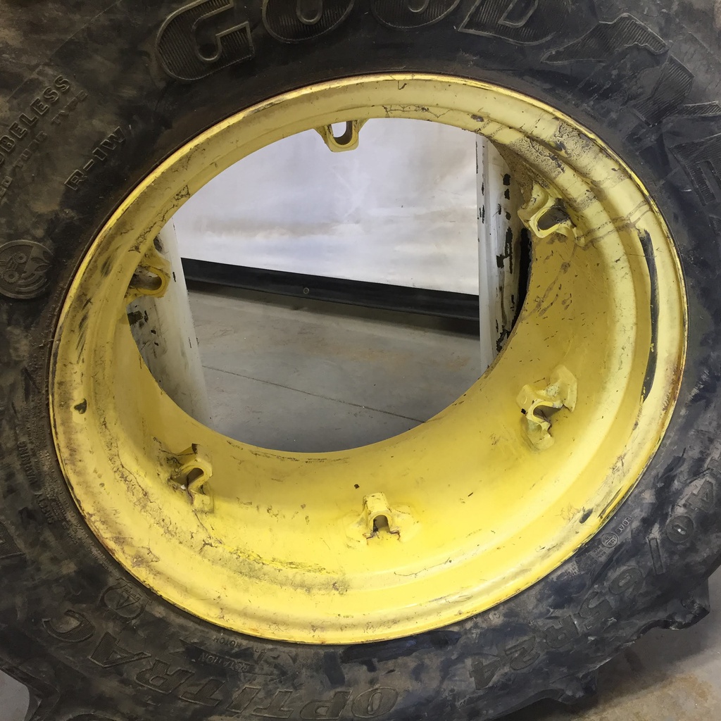 440/65R24 Goodyear Farm DT818 Optitrac R-1W on John Deere Yellow 6-Hole Rim with Clamp/Loop Style 75%