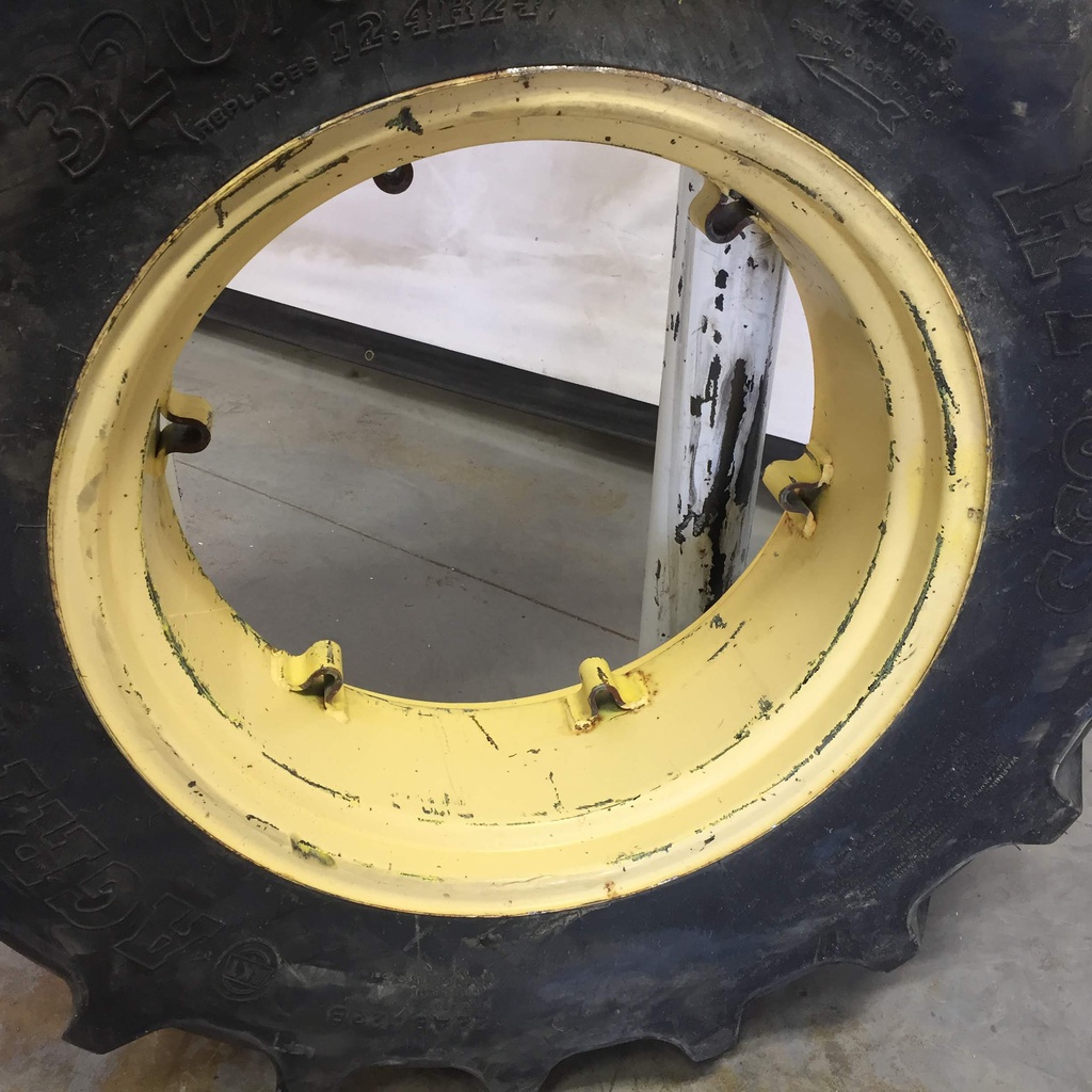 320/85R24 BKT Tires Agrimax RT 855 R-1W on John Deere Yellow 6-Hole Rim with Clamp/Loop Style 80%