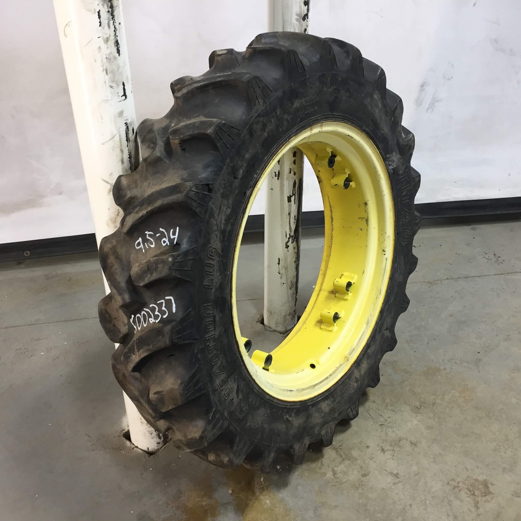 9.5/-24 Titan Farm Hi Traction Lug R-1 on John Deere Yellow 8-Hole Rim with Clamp/Loop Style (groups of 2 bolts) 60%