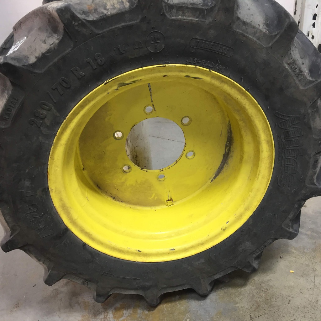 280/70R18 Mitas AC70 Radial  R-1W on John Deere Yellow 6-Hole Implement 50%