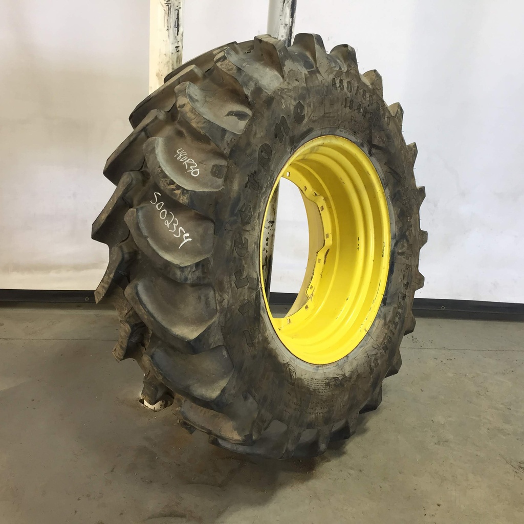 480/80R30 Firestone Radial All Traction DT R-1W on John Deere Yellow 8-Hole Waffle Wheel (Groups of 2 bolts) 95%