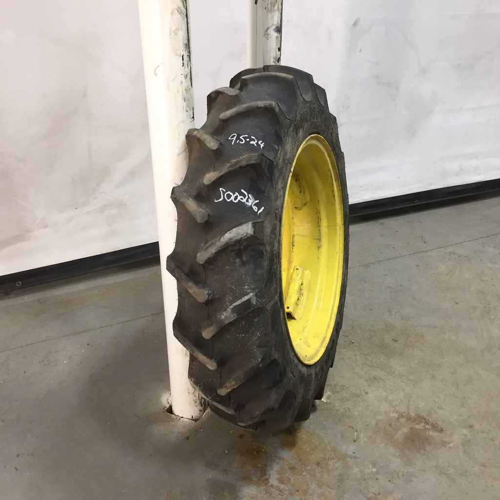 9.5/-24 Goodyear Farm DT221 DuraTorque R-1 on John Deere Yellow 8-Hole Rim with Clamp/U-Clamp (groups of 2 bolts) 90%