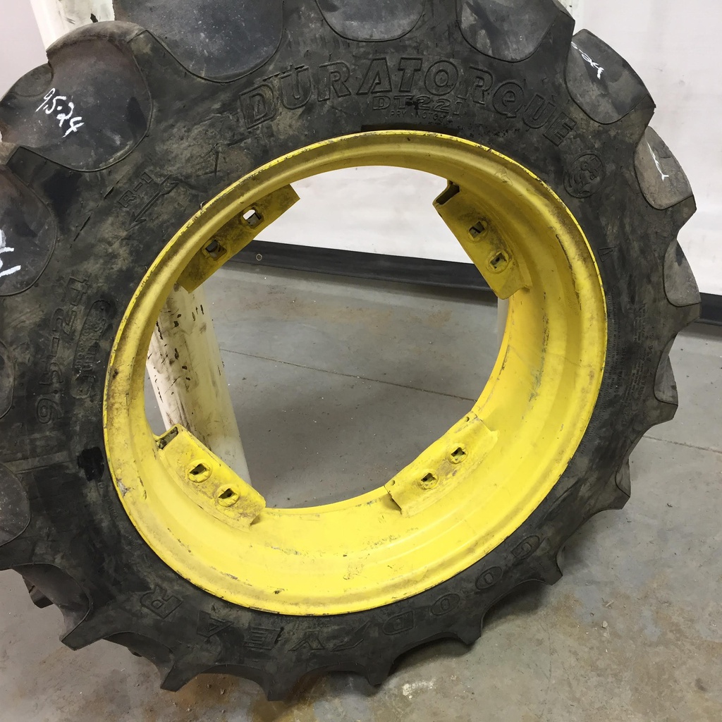 9.5/-24 Goodyear Farm DT221 DuraTorque R-1 on John Deere Yellow 8-Hole Rim with Clamp/U-Clamp (groups of 2 bolts) 90%