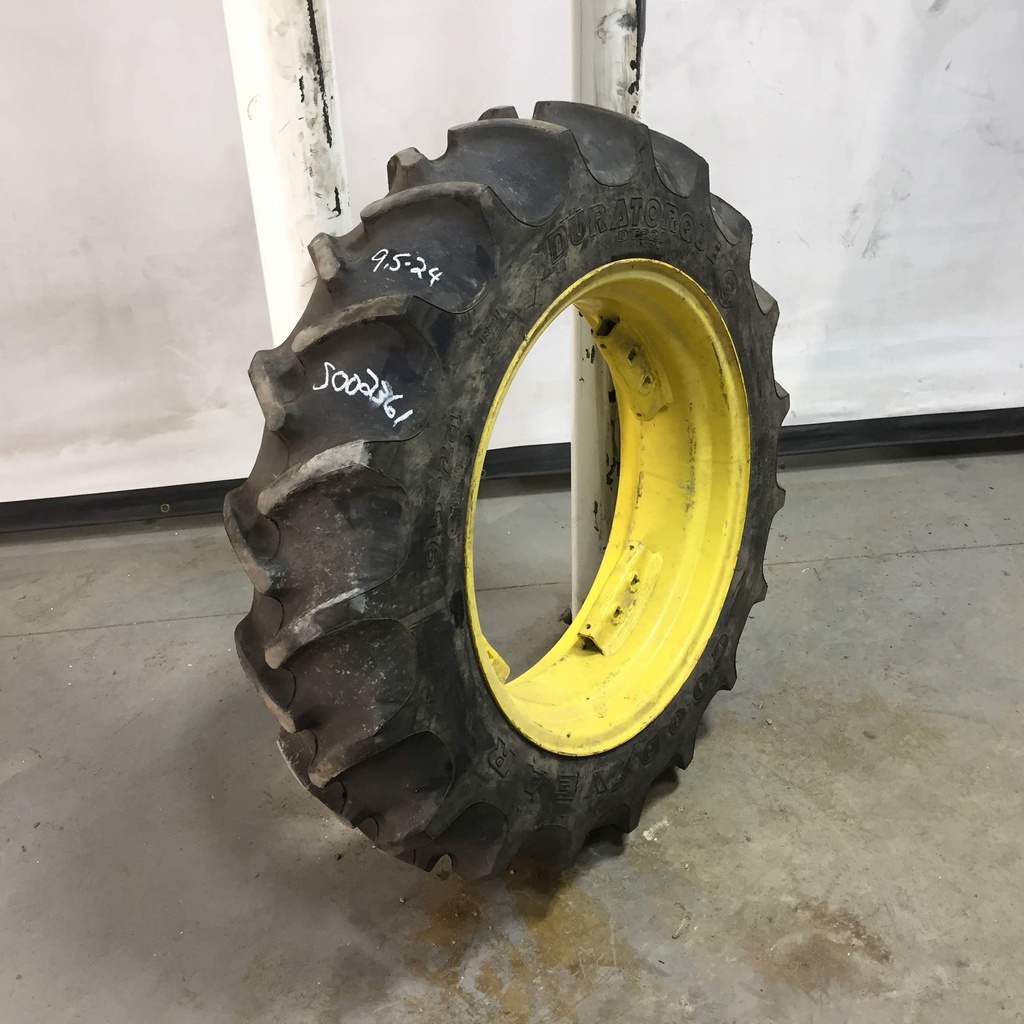 9.5/-24 Goodyear Farm DT221 DuraTorque R-1 on John Deere Yellow 8-Hole Rim with Clamp/U-Clamp (groups of 2 bolts) 90%