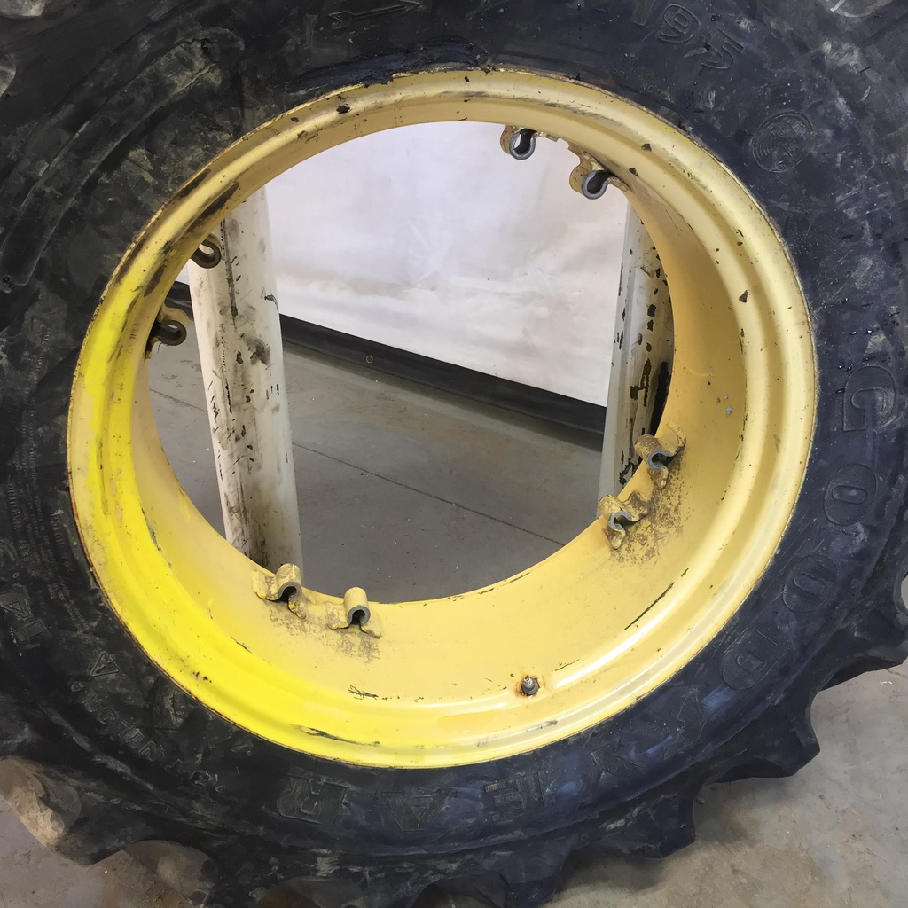 14.9/-28 Goodyear Farm DT195 R-1 on John Deere Yellow 8-Hole Rim with Clamp/Loop Style (groups of 2 bolts) 99%