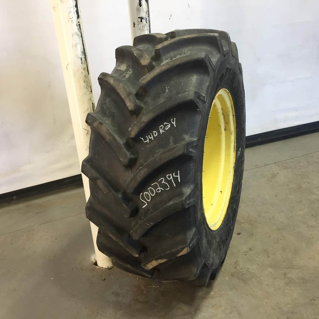 440/65R24 Goodyear Farm DT818 Optitrac R-1W on John Deere Yellow 6-Hole Rim with Clamp/Loop Style 75%