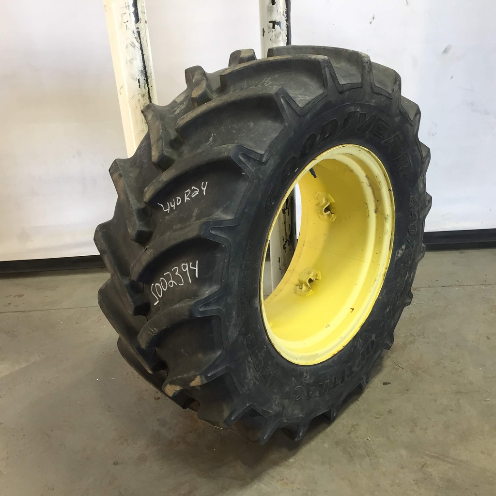 440/65R24 Goodyear Farm DT818 Optitrac R-1W on John Deere Yellow 6-Hole Rim with Clamp/Loop Style 75%