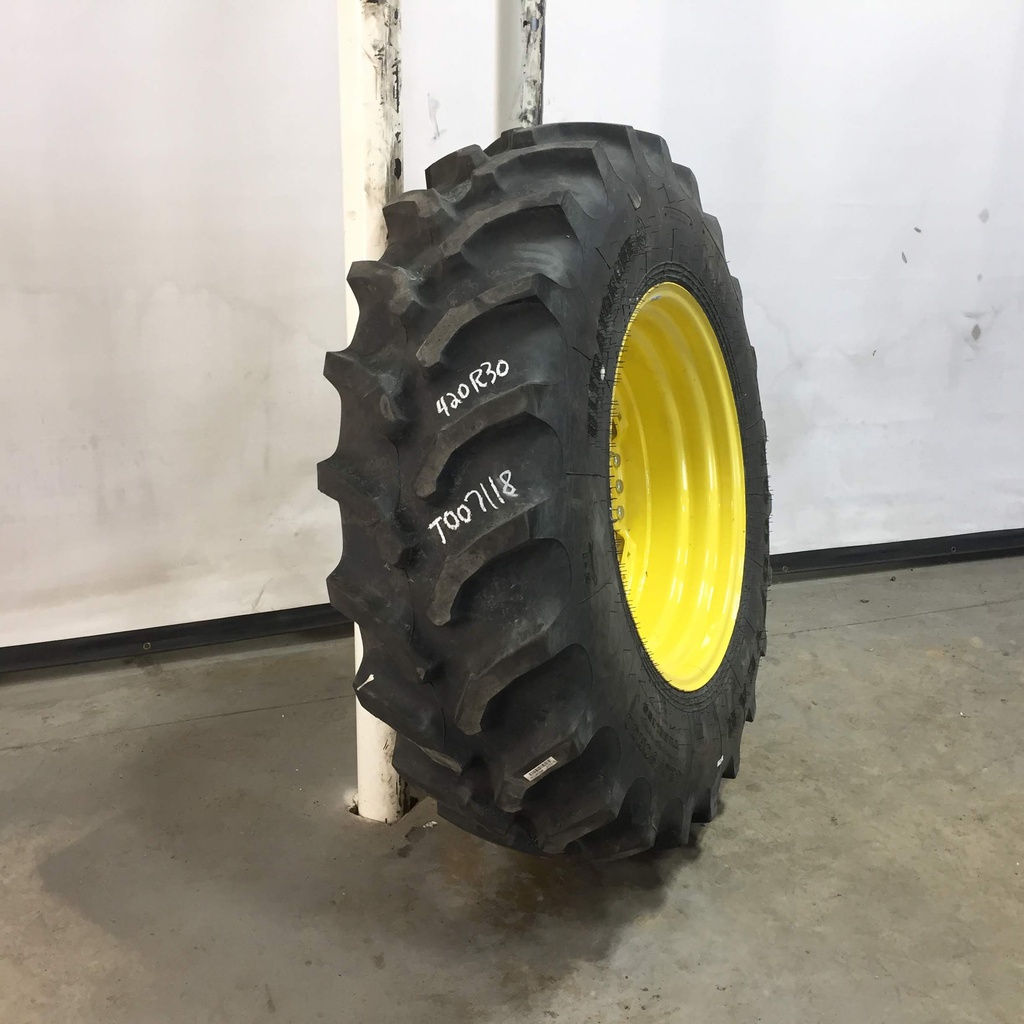420/90R30 Goodyear Farm UltraTorque Radial R-1 on John Deere Yellow 10-Hole Waffle Wheel (Groups of 3 bolts) 80%