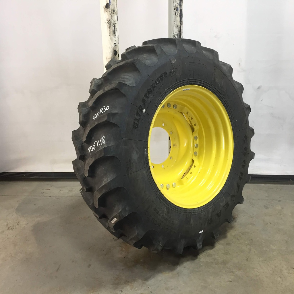 420/90R30 Goodyear Farm UltraTorque Radial R-1 on John Deere Yellow 10-Hole Waffle Wheel (Groups of 3 bolts) 80%