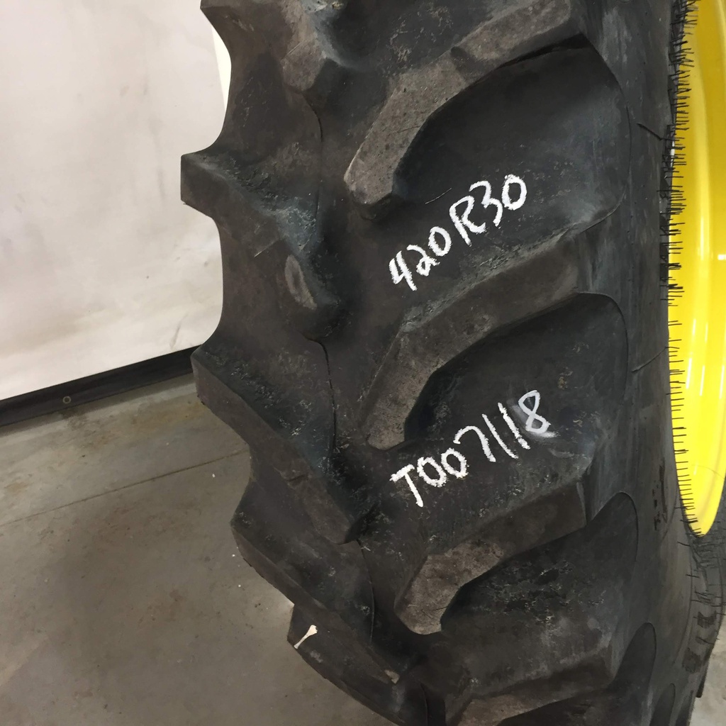 420/90R30 Goodyear Farm UltraTorque Radial R-1 on John Deere Yellow 10-Hole Waffle Wheel (Groups of 3 bolts) 80%