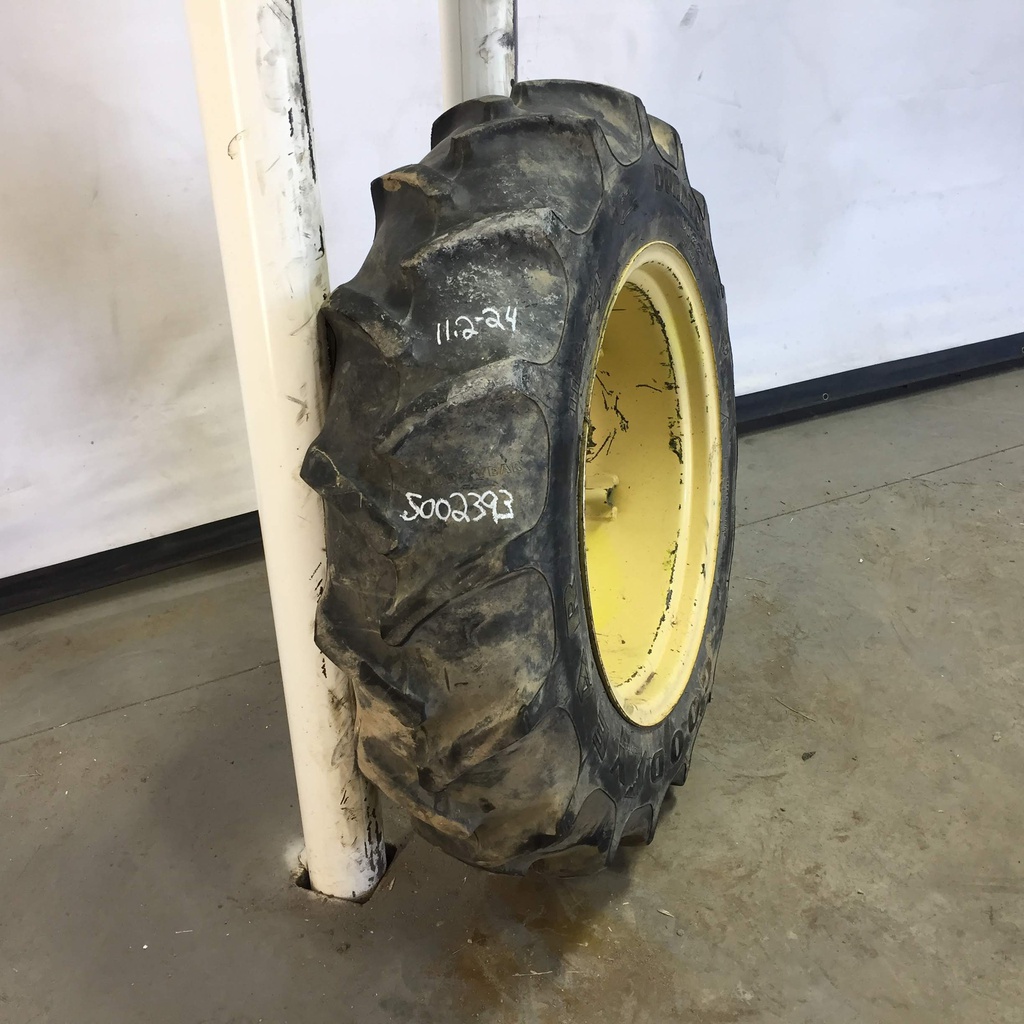 11.2/-24 Goodyear Farm Dura Torque R-1 on John Deere Yellow 6-Hole Rim with Clamp/Loop Style 65%