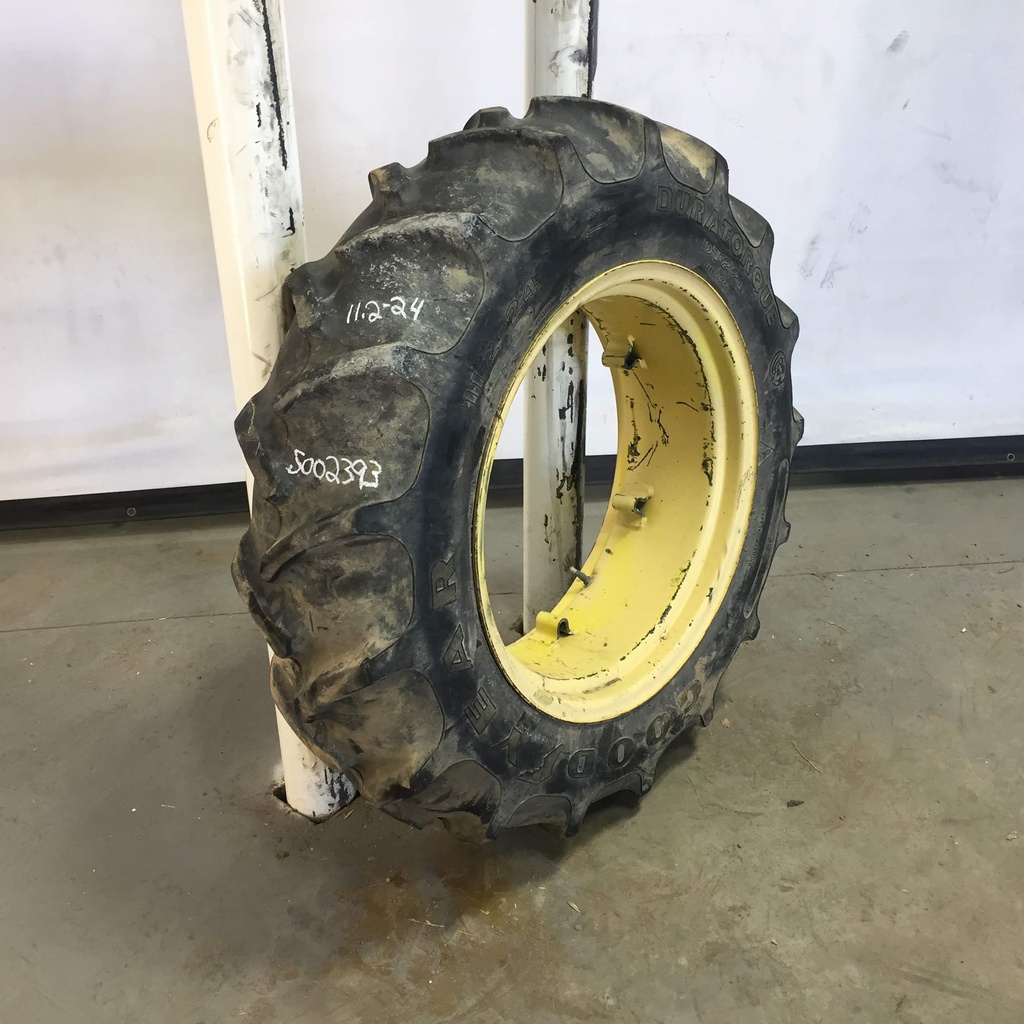 11.2/-24 Goodyear Farm Dura Torque R-1 on John Deere Yellow 6-Hole Rim with Clamp/Loop Style 65%