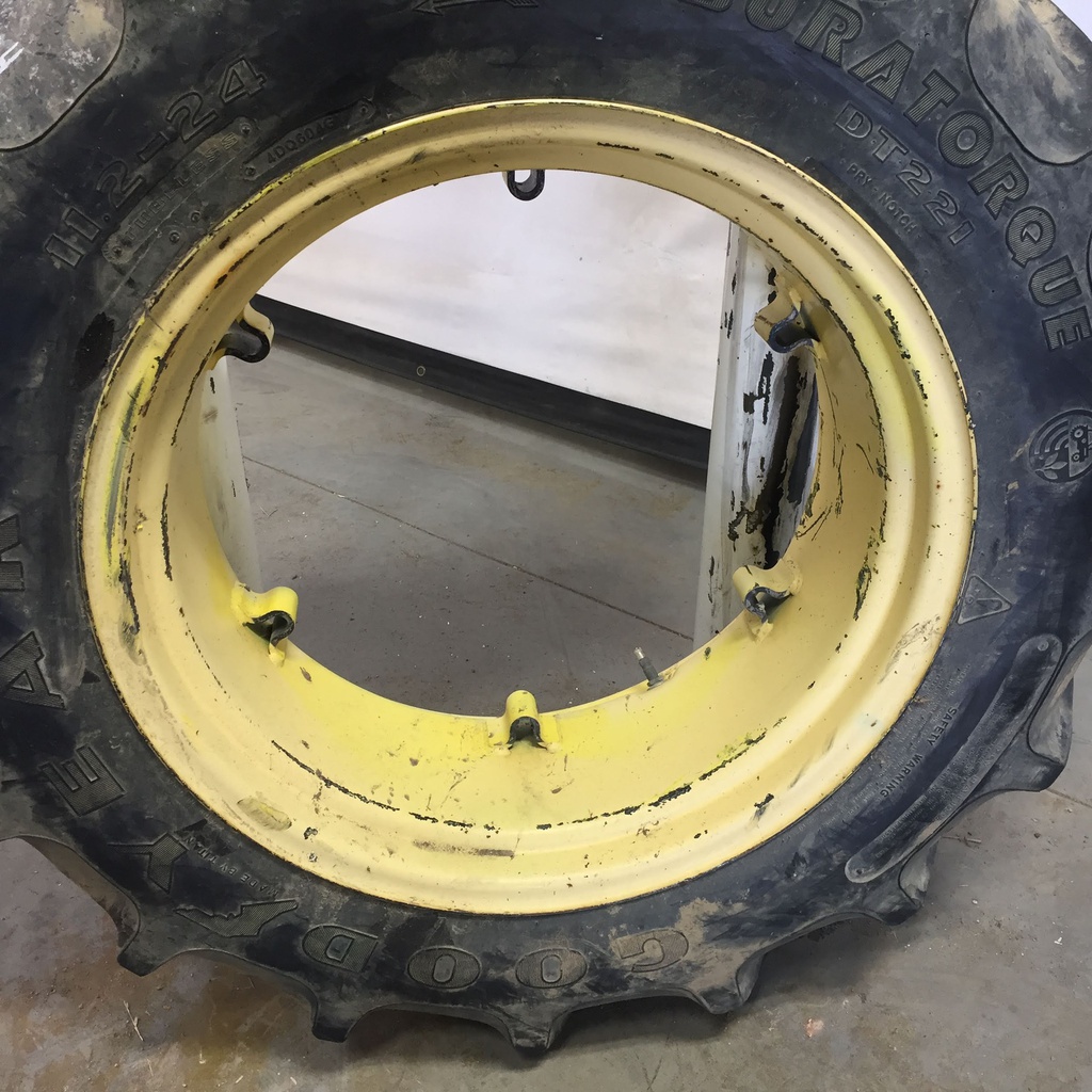 11.2/-24 Goodyear Farm Dura Torque R-1 on John Deere Yellow 6-Hole Rim with Clamp/Loop Style 65%