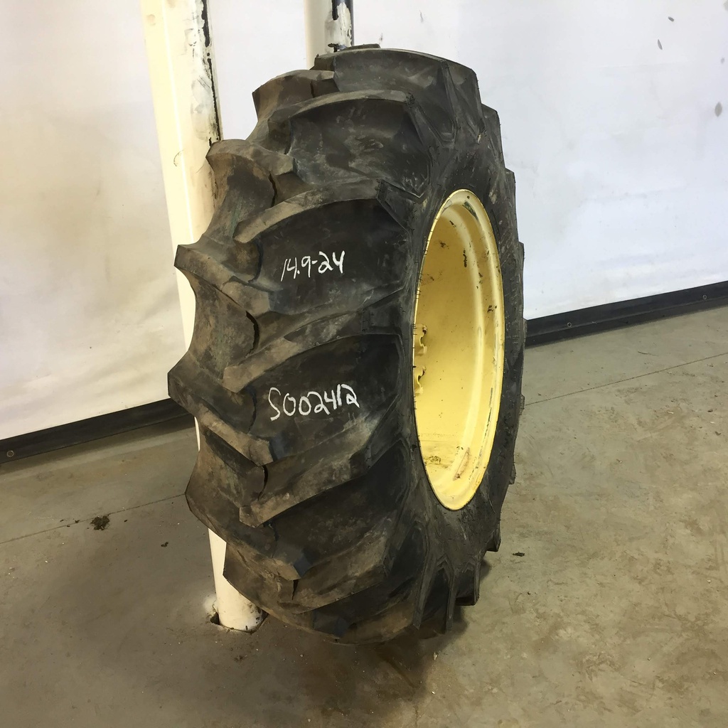 14.9/-24 Firestone Traction Field & Road R-1 on John Deere Yellow 8-Hole Rim with Clamp/Loop Style (groups of 2 bolts) 95%