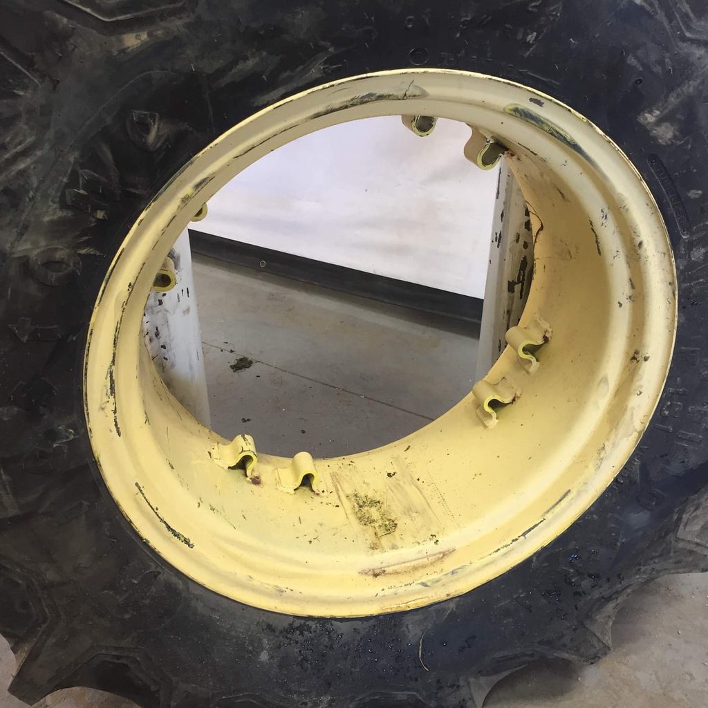 14.9/-24 Firestone Traction Field & Road R-1 on John Deere Yellow 8-Hole Rim with Clamp/Loop Style (groups of 2 bolts) 95%