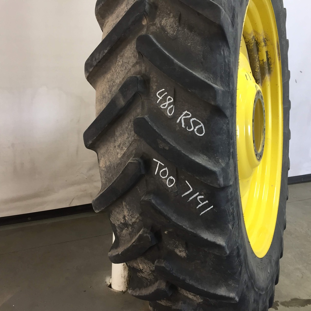 480/80R50 Michelin AgriBib R-1W on John Deere Yellow 10-Hole Formed Plate W/Weight Holes 65%