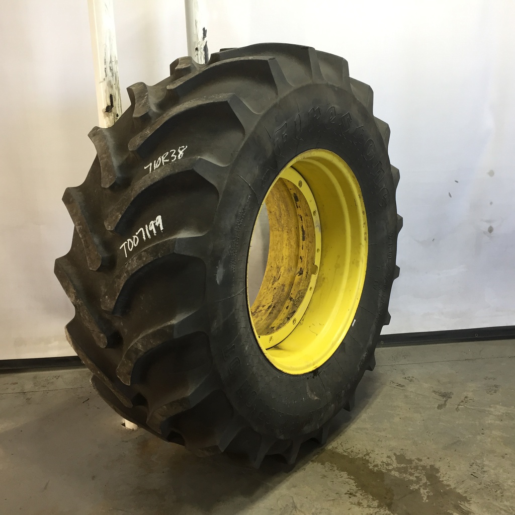 710/70R38 Firestone Radial All Traction DT R-1W on John Deere Yellow 12-Hole Stub Disc 75%