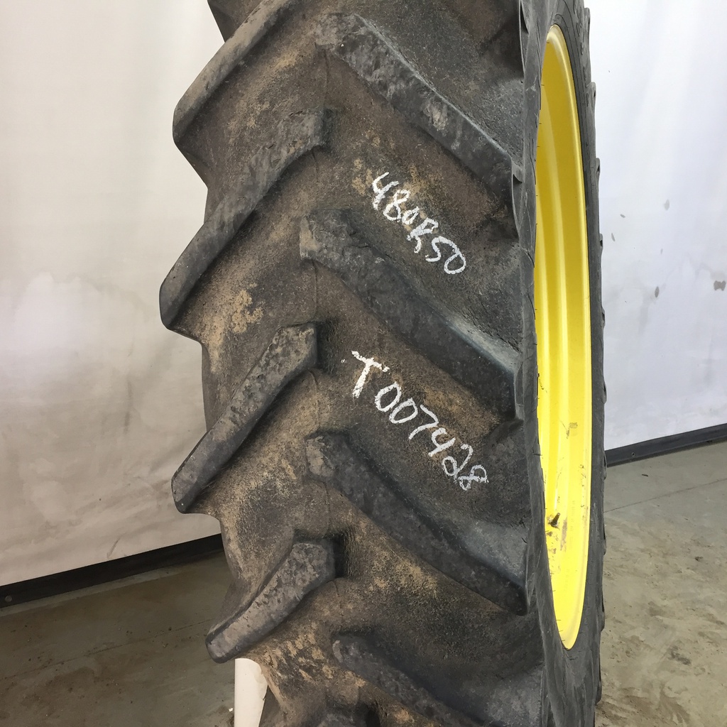 480/80R50 Titan Farm AG49M Radial R-1W on John Deere Yellow 10-Hole Formed Plate W/Weight Holes 55%
