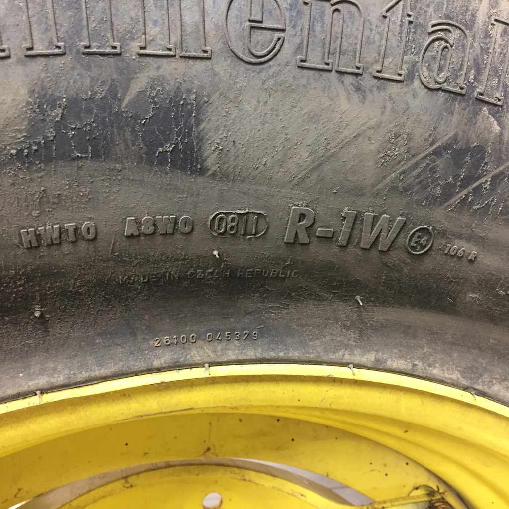 420/85R30 Continental AC85 Contract R-1W on John Deere Yellow 8-Hole Stub Disc (groups of 2 bolts) 75%