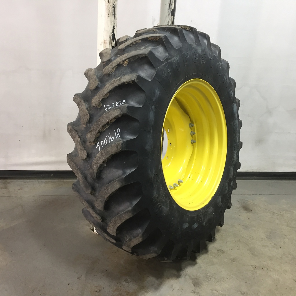 420/90R30 Firestone Radial All Traction FWD R-1 on John Deere Yellow 10-Hole Waffle Wheel (Groups of 3 bolts) 65%