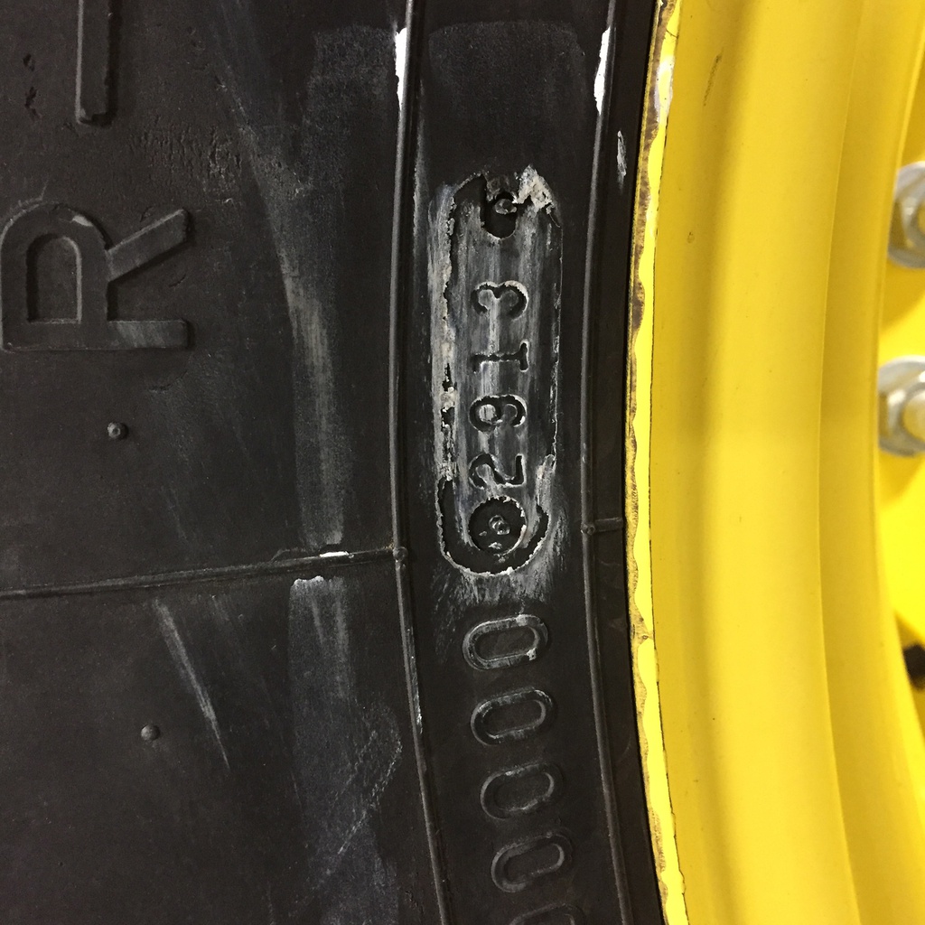 420/90R30 Firestone Radial All Traction FWD R-1 on John Deere Yellow 10-Hole Waffle Wheel (Groups of 3 bolts) 65%