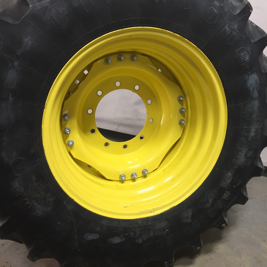 420/90R30 Firestone Radial All Traction FWD R-1 on John Deere Yellow 10-Hole Waffle Wheel (Groups of 3 bolts) 65%