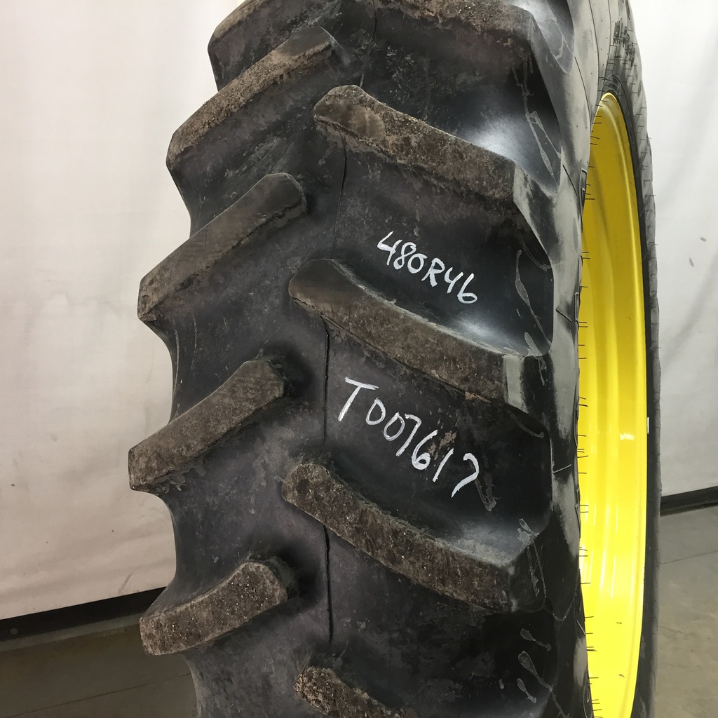 480/80R46 Firestone Radial All Traction 23 R-1 on John Deere Yellow 12-Hole Stub Disc 90%