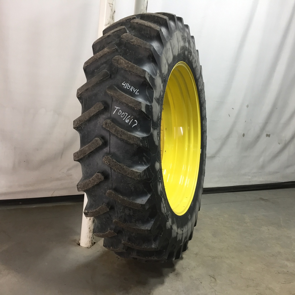 480/80R46 Firestone Radial All Traction 23 R-1 on John Deere Yellow 12-Hole Stub Disc 90%